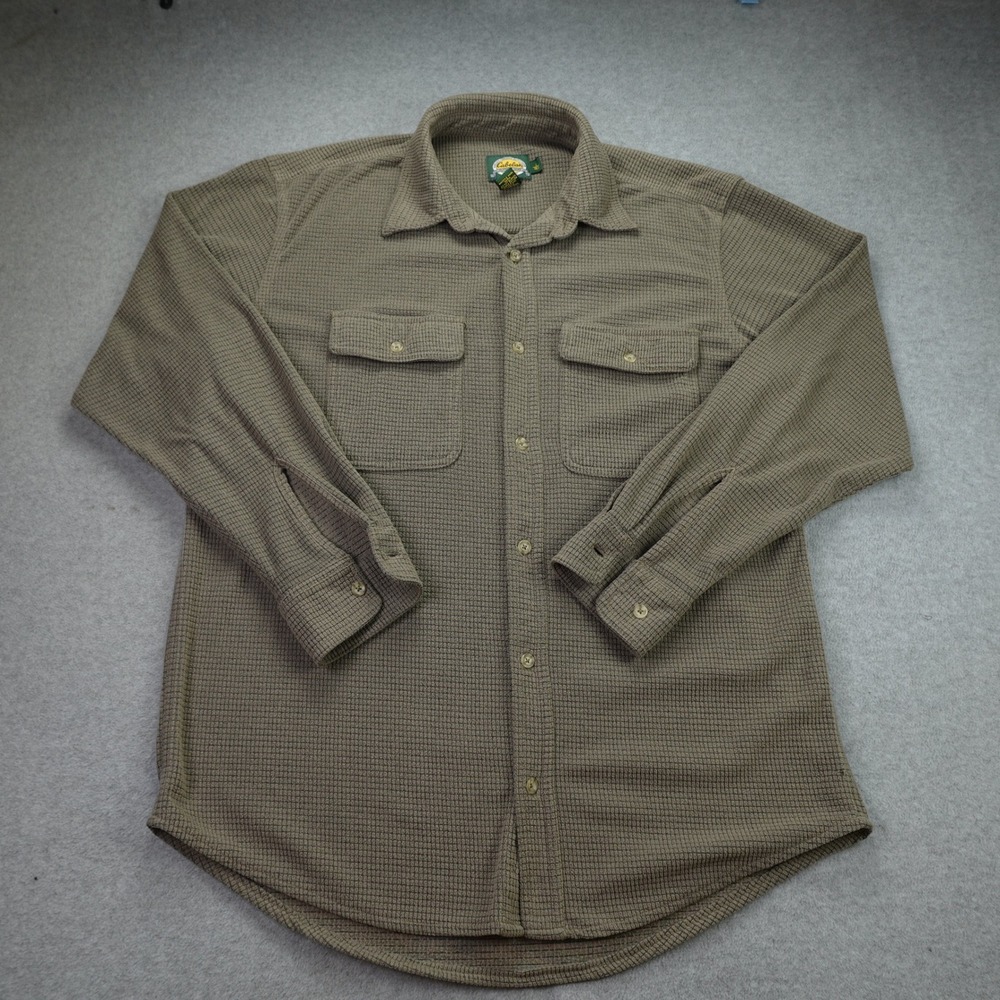 Cabelas Shirt Men Large Brown Outdoor Button Front Long Sleeve Waffle Knit Grid